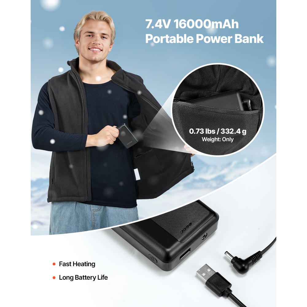 VEVOR Heated Vest, Men Electric Heating Vest with 16000 mAh Battery Pack, 6 Heating Zones Lightweight Rechargeable Winter-Vest with 3 Levels, for Outdoor Hiking Camping Fishing Skiing, Size M