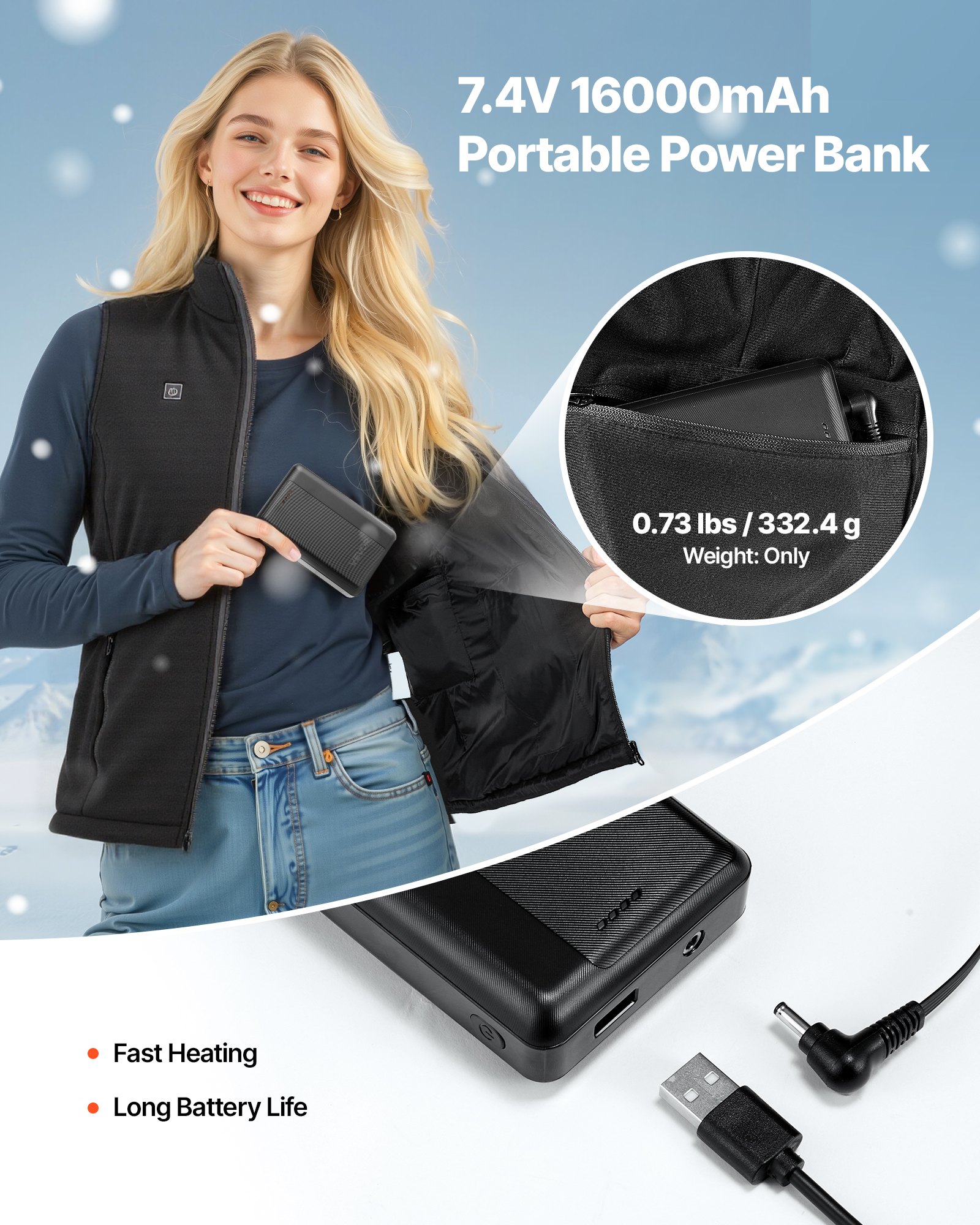 VEVOR Heated Vest, Women Electric Heating Vest with 16000 mAh Battery Pack, 6 Heating Zones Lightweight Rechargeable Winter-Vest with 3 Levels, for Outdoor Hiking Camping Fishing Skiing, Size S