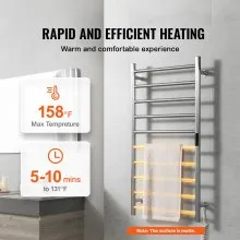 VEVOR 10 Bars Towel Warmer Rack, Wall Mounted Heated Towel Rack for Bathroom, IPX5 Waterpoof Towel Heater Rack with Timer & LED Display Screen, 5 Levels Adjustable Temperature Towel Heater, Silver