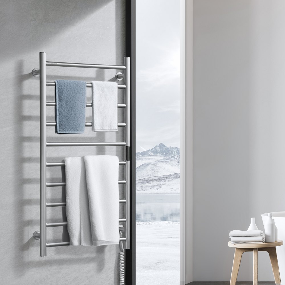VEVOR 10 Bars Towel Warmer Rack, Wall Mounted Heated Towel Rack for Bathroom, IPX5 Waterpoof Towel Heater Rack with Timer & LED Display Screen, 5 Levels Adjustable Temperature Towel Heater, Silver