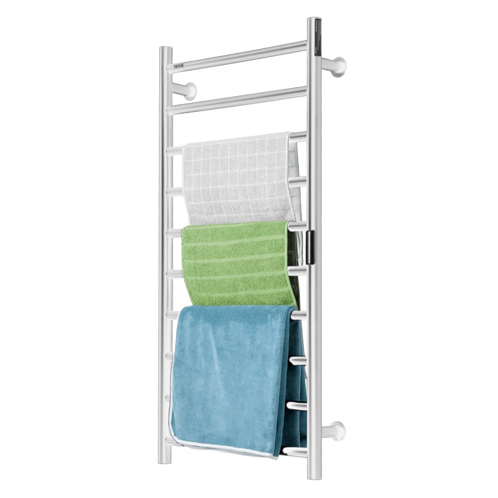VEVOR 10 Bars Towel Warmer Rack, Wall Mounted Heated Towel Rack for Bathroom, IPX5 Waterpoof Towel Heater Rack with Timer & LED Display Screen, 5 Levels Adjustable Temperature Towel Heater, Silver