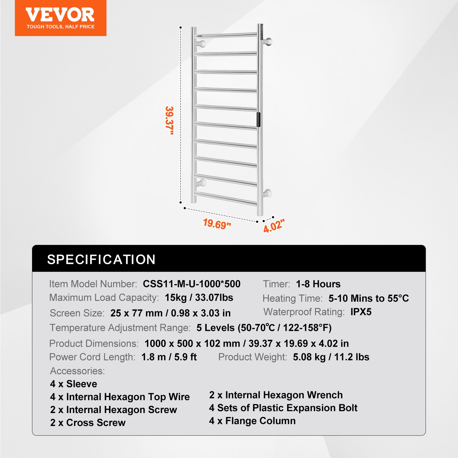 VEVOR 10 Bars Towel Warmer Rack, Wall Mounted Heated Towel Rack for Bathroom, IPX5 Waterpoof Towel Heater Rack with Timer & LED Display Screen, 5 Levels Adjustable Temperature Towel Heater, Silver