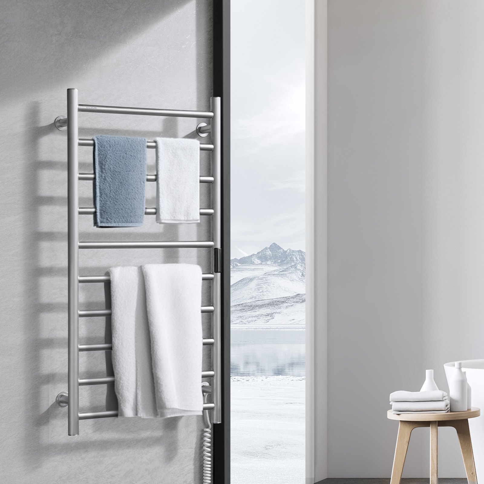 VEVOR 10 Bars Towel Warmer Rack, Wall Mounted Heated Towel Rack for Bathroom, IPX5 Waterpoof Towel Heater Rack with Timer & LED Display Screen, 5 Levels Adjustable Temperature Towel Heater, Silver