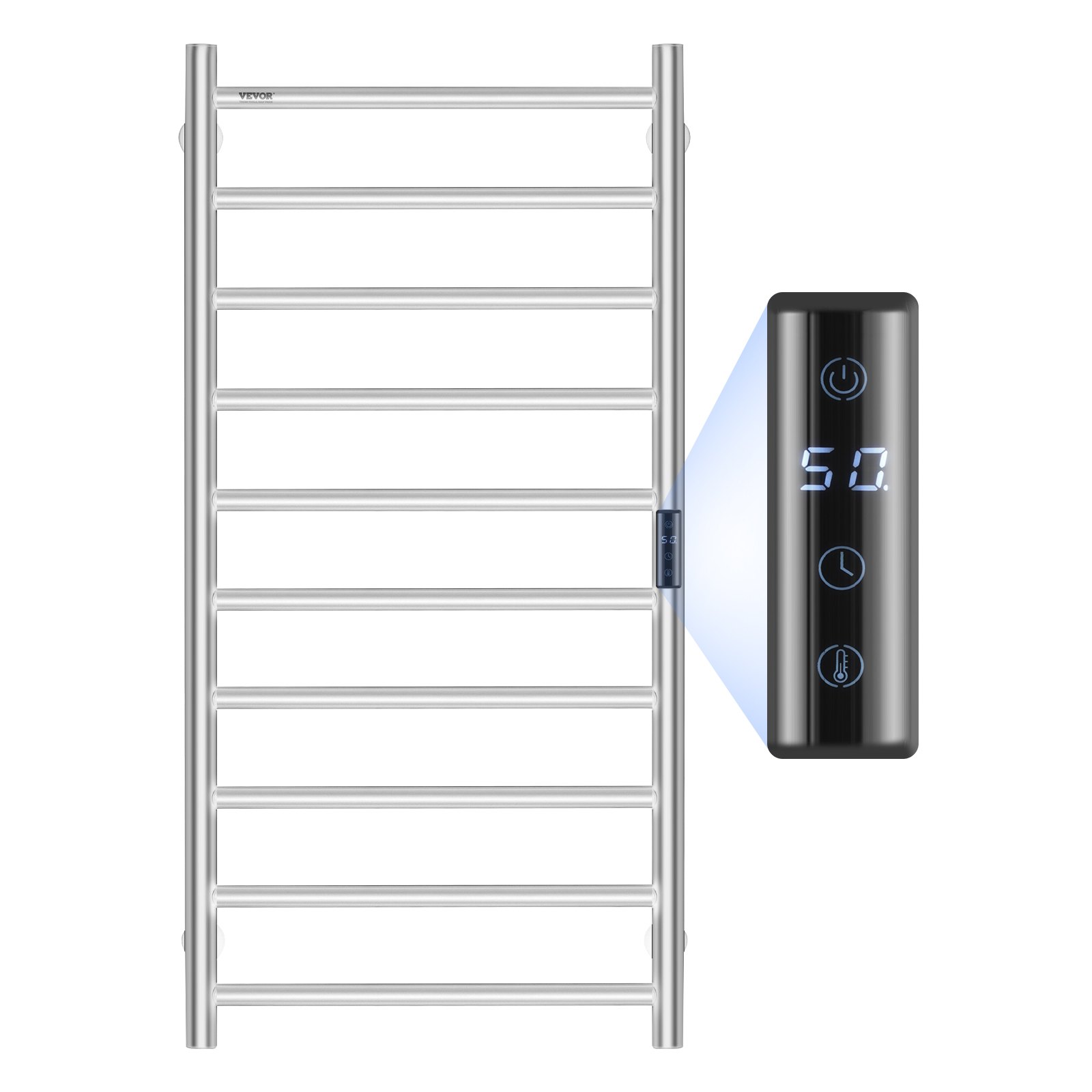 VEVOR 10 Bars Towel Warmer Rack, Wall Mounted Heated Towel Rack for Bathroom, IPX5 Waterpoof Towel Heater Rack with Timer & LED Display Screen, 5 Levels Adjustable Temperature Towel Heater, Silver