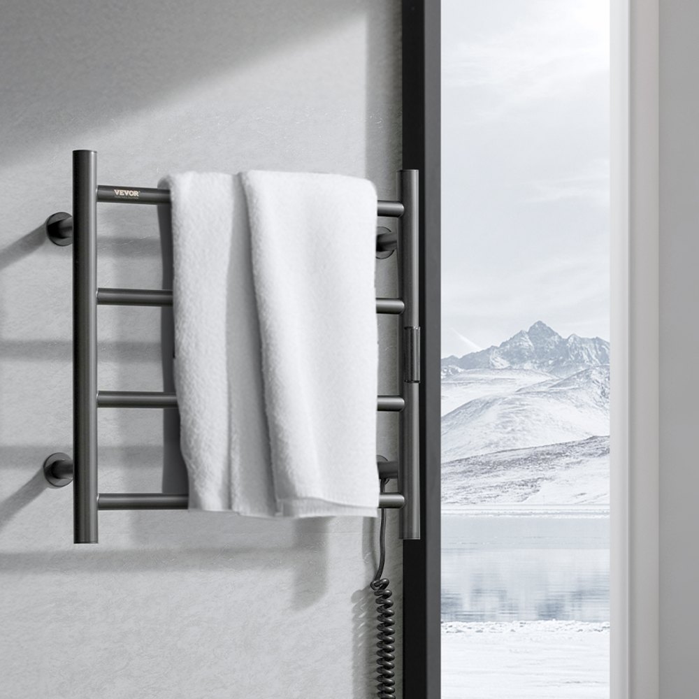 VEVOR 4 Bars Towel Warmer Rack, Wall Mounted Heated Towel Rack for Bathroom, IPX5 Waterpoof Towel Heater Rack with Timer & LED Display Screen, 5 Levels Adjustable Temperature Towel Heater, Black