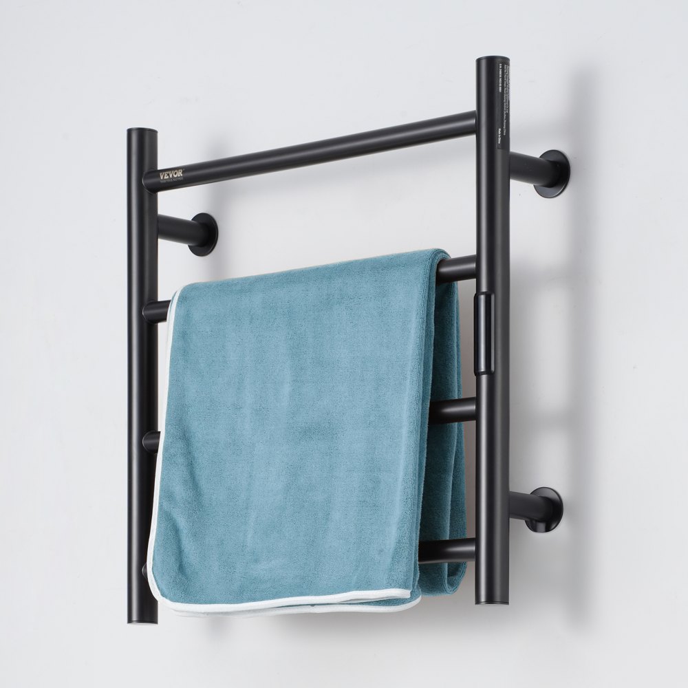 VEVOR 4 Bars Towel Warmer Rack, Wall Mounted Heated Towel Rack for Bathroom, IPX5 Waterpoof Towel Heater Rack with Timer & LED Display Screen, 5 Levels Adjustable Temperature Towel Heater, Black