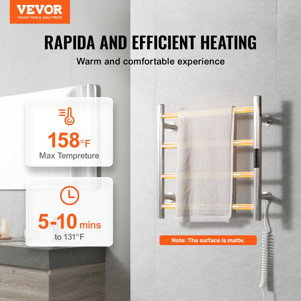 VEVOR 4 Bars Towel Warmer Rack, Wall Mounted Heated Towel Rack for Bathroom, IPX5 Waterpoof Towel Heater Rack with Timer & LED Display Screen, 5 Levels Adjustable Temperature Towel Heater, Silver