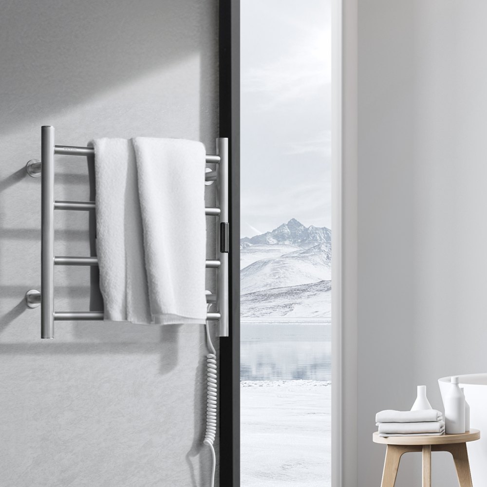 VEVOR 4 Bars Towel Warmer Rack, Wall Mounted Heated Towel Rack for Bathroom, IPX5 Waterpoof Towel Heater Rack with Timer & LED Display Screen, 5 Levels Adjustable Temperature Towel Heater, Silver
