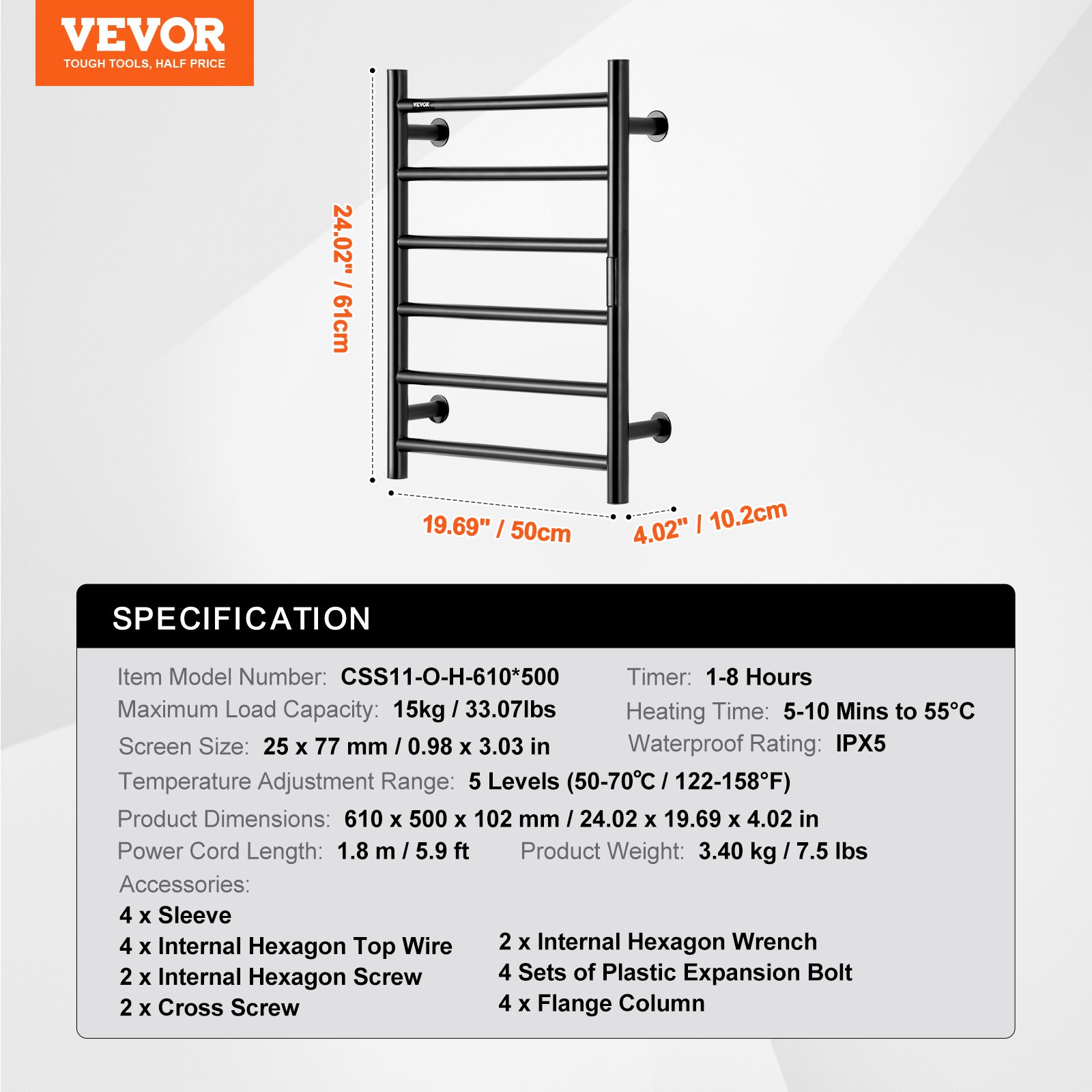 VEVOR 6 Bars Towel Warmer Rack, 120V Wall Mounted Heated Towel Rack for Bathroom, IPX5 Waterpoof Towel Heater Rack with Timer & LED Display Screen, 5 Levels Adjustable Temperature Towel Heater, Black