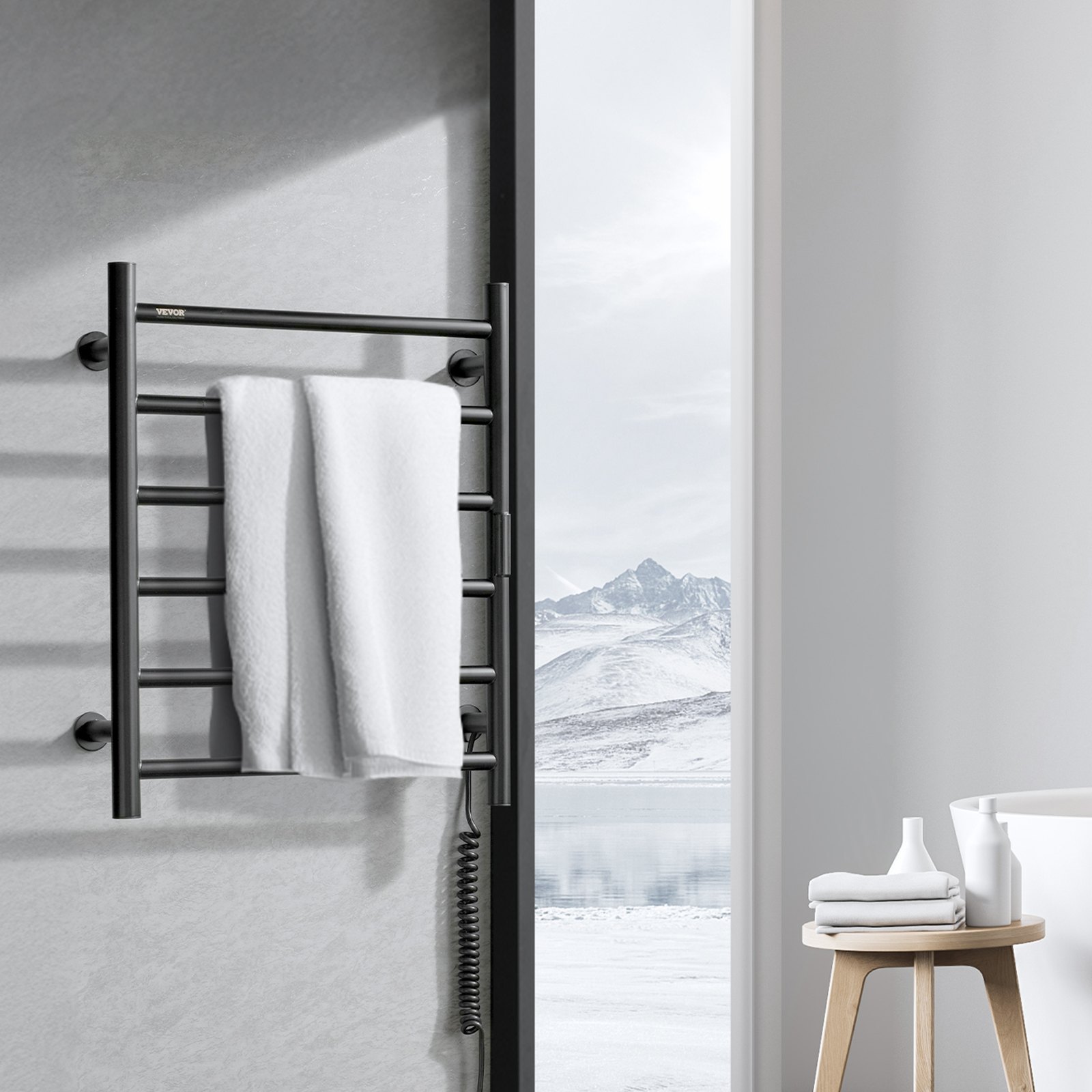 VEVOR 6 Bars Towel Warmer Rack, 120V Wall Mounted Heated Towel Rack for Bathroom, IPX5 Waterpoof Towel Heater Rack with Timer & LED Display Screen, 5 Levels Adjustable Temperature Towel Heater, Black