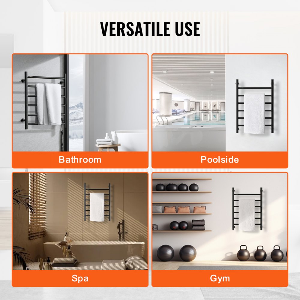 VEVOR 6 Bars Towel Warmer Rack, Wall Mounted Heated Towel Rack for Bathroom, IPX5 Waterpoof Towel Heater Rack with Timer & LED Display Screen, 5 Levels Adjustable Temperature Towel Heater, Black