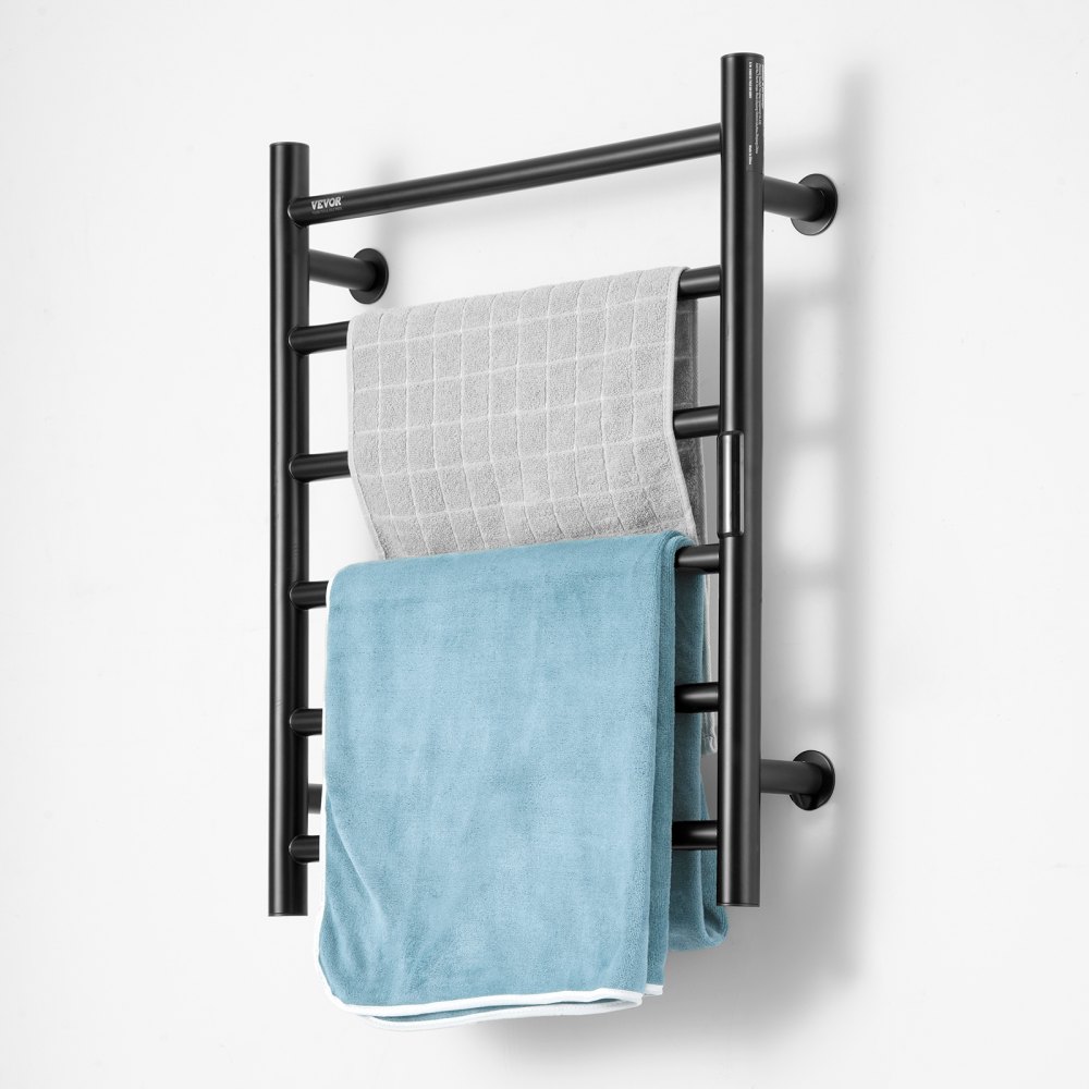 VEVOR 6 Bars Towel Warmer Rack, Wall Mounted Heated Towel Rack for Bathroom, IPX5 Waterpoof Towel Heater Rack with Timer & LED Display Screen, 5 Levels Adjustable Temperature Towel Heater, Black