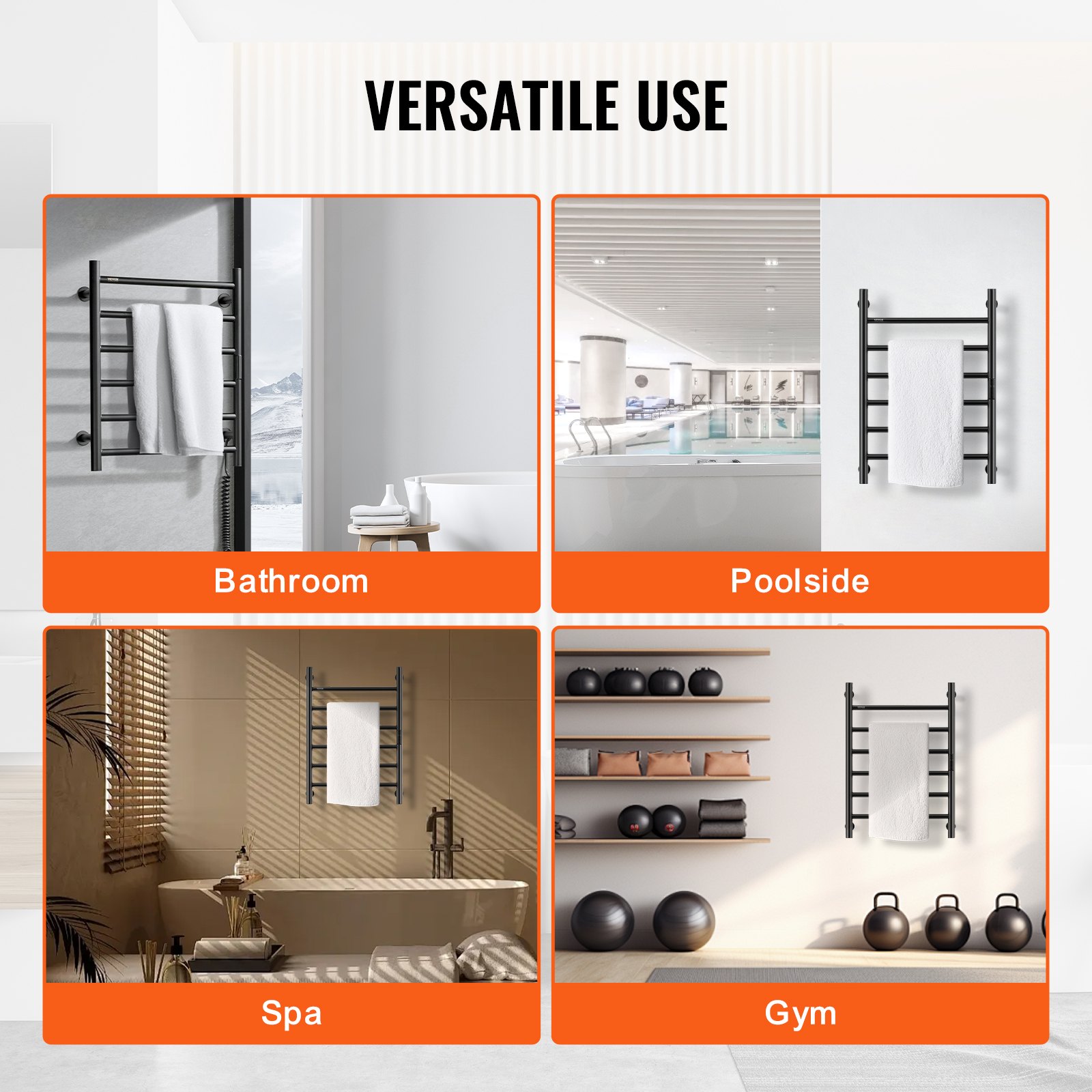 VEVOR 6 Bars Towel Warmer Rack, Wall Mounted Heated Towel Rack for Bathroom, IPX5 Waterpoof Towel Heater Rack with Timer & LED Display Screen, 5 Levels Adjustable Temperature Towel Heater, Black