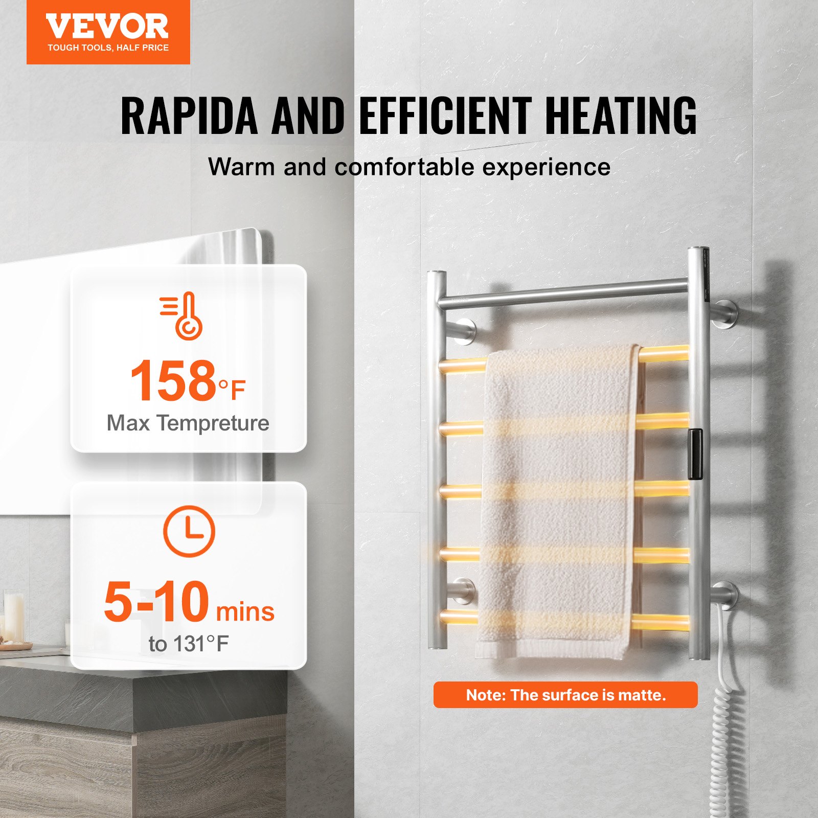 VEVOR 6 Bars Towel Warmer Rack, Wall Mounted Heated Towel Rack for Bathroom, IPX5 Waterpoof Towel Heater Rack with Timer & LED Display Screen, 5 Levels Adjustable Temperature Towel Heater, Silver