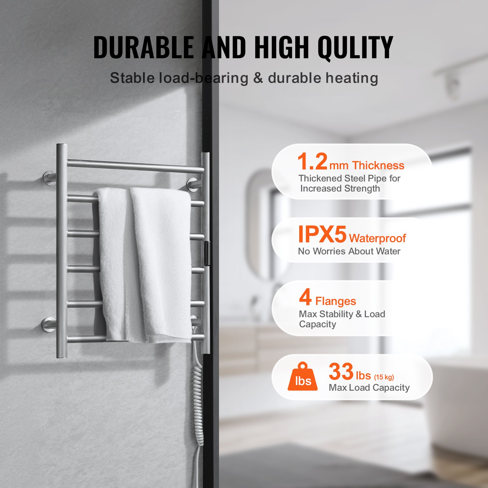 VEVOR 6 Bars Towel Warmer Rack, Wall Mounted Heated Towel Rack for Bathroom, IPX5 Waterpoof Towel Heater Rack with Timer & LED Display Screen, 5 Levels Adjustable Temperature Towel Heater, Silver
