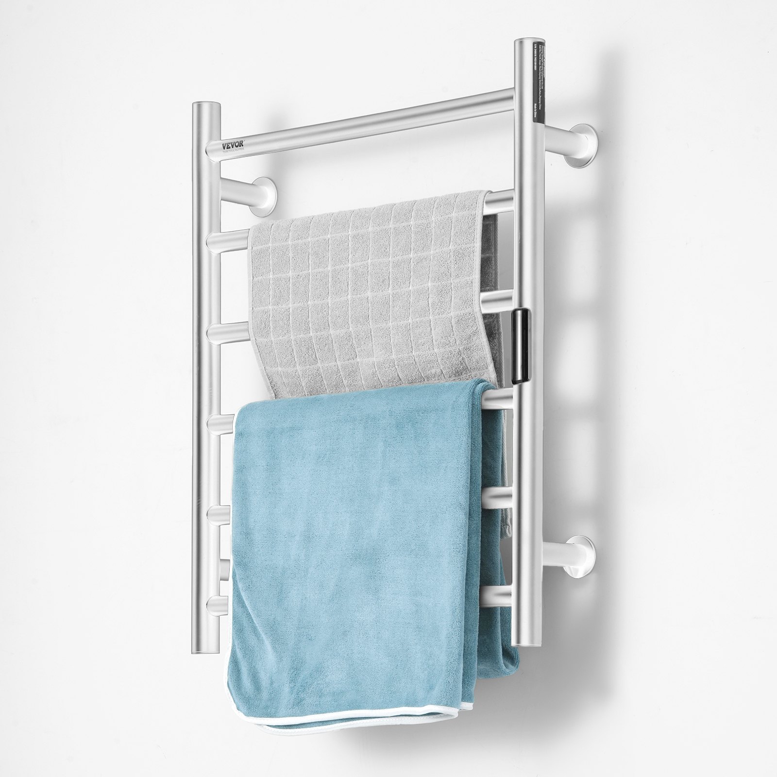 VEVOR 6 Bars Towel Warmer Rack, Wall Mounted Heated Towel Rack for Bathroom, IPX5 Waterpoof Towel Heater Rack with Timer & LED Display Screen, 5 Levels Adjustable Temperature Towel Heater, Silver