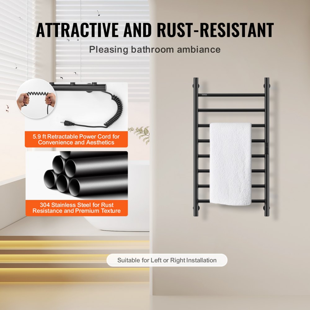 VEVOR 8 Bars Towel Warmer Rack, Wall Mounted Heated Towel Rack for Bathroom, IPX5 Waterpoof Towel Heater Rack with Timer & LED Display Screen, 5 Levels Adjustable Temperature Towel Heater, Black