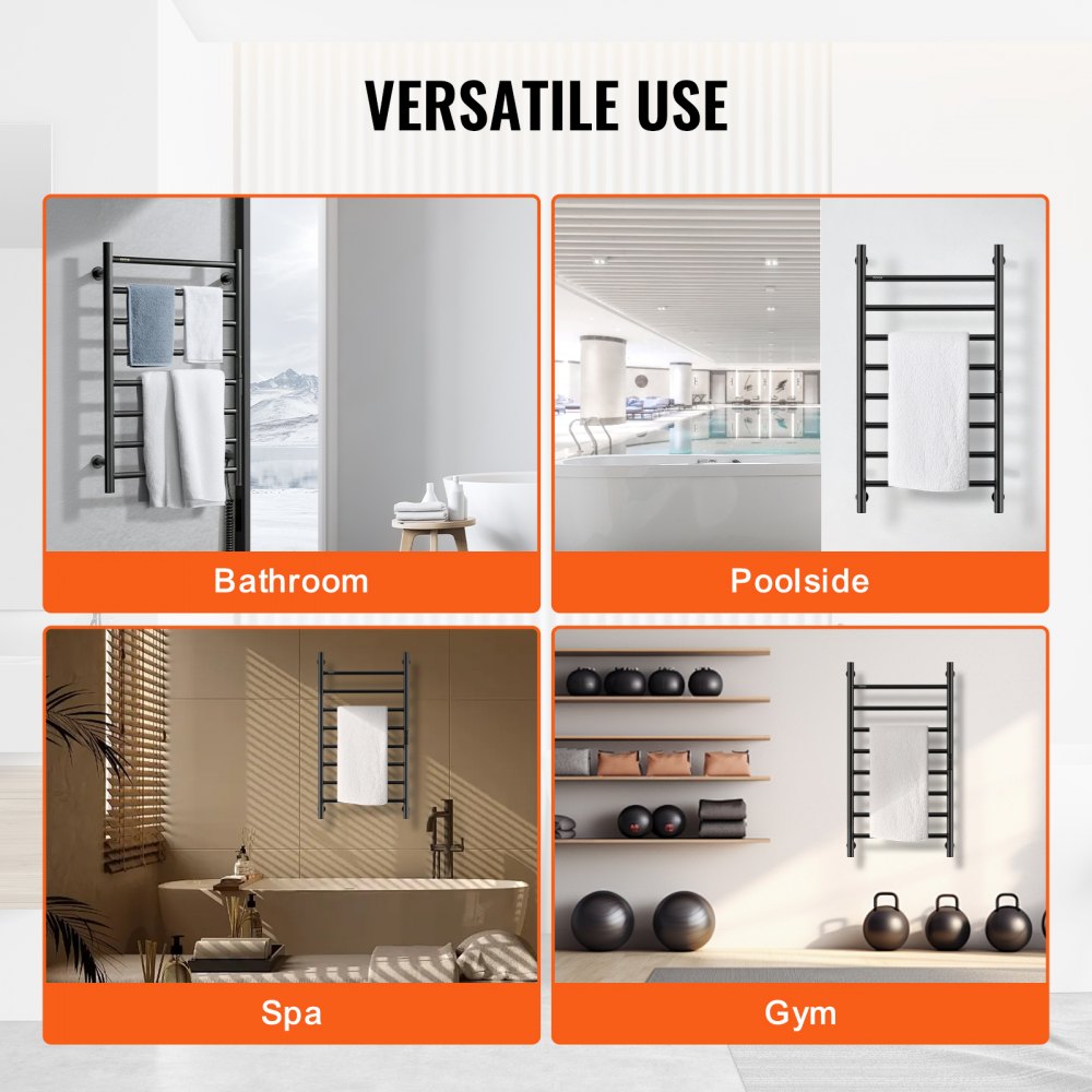 VEVOR 8 Bars Towel Warmer Rack, Wall Mounted Heated Towel Rack for Bathroom, IPX5 Waterpoof Towel Heater Rack with Timer & LED Display Screen, 5 Levels Adjustable Temperature Towel Heater, Black
