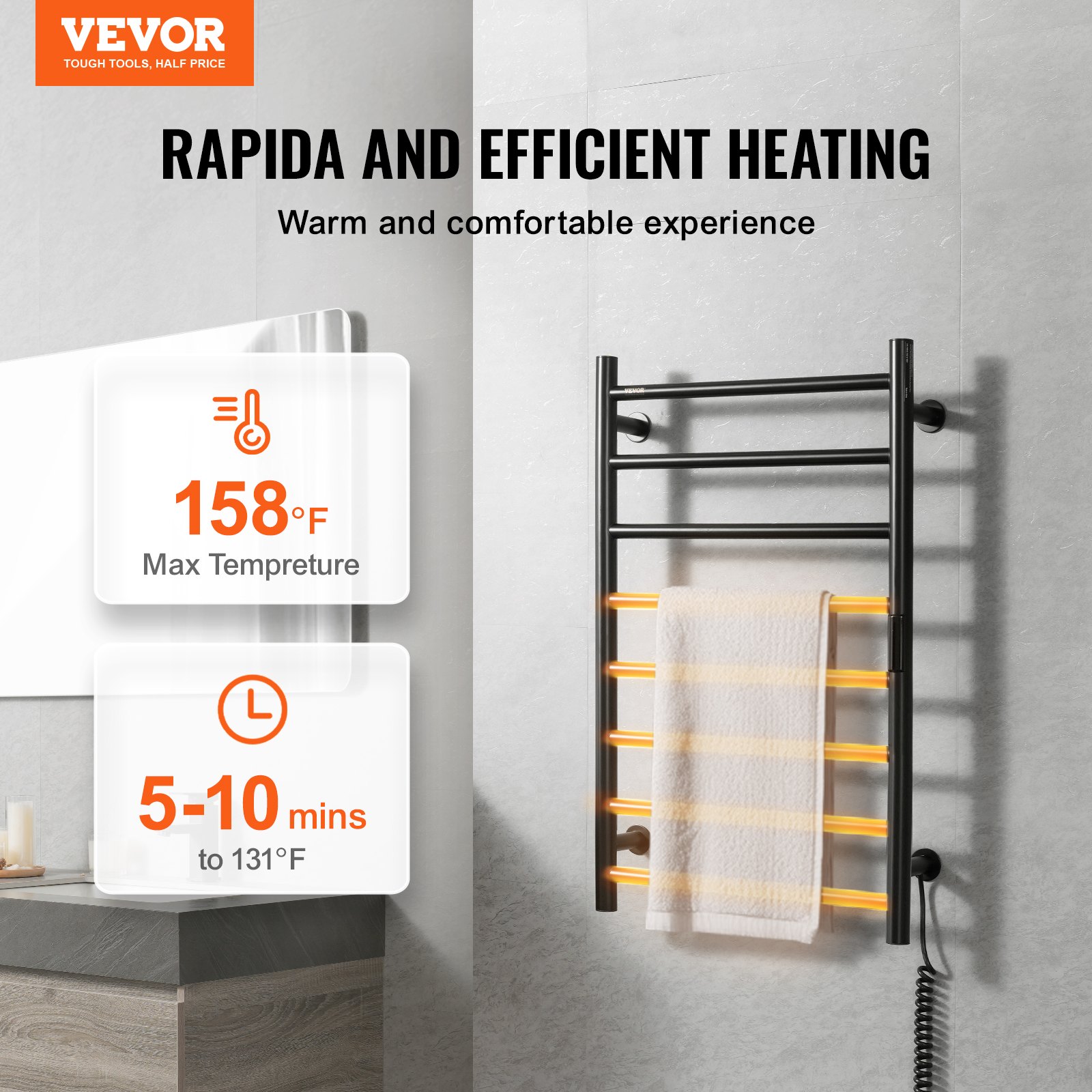 VEVOR 8 Bars Towel Warmer Rack, Wall Mounted Heated Towel Rack for Bathroom, IPX5 Waterpoof Towel Heater Rack with Timer & LED Display Screen, 5 Levels Adjustable Temperature Towel Heater, Black
