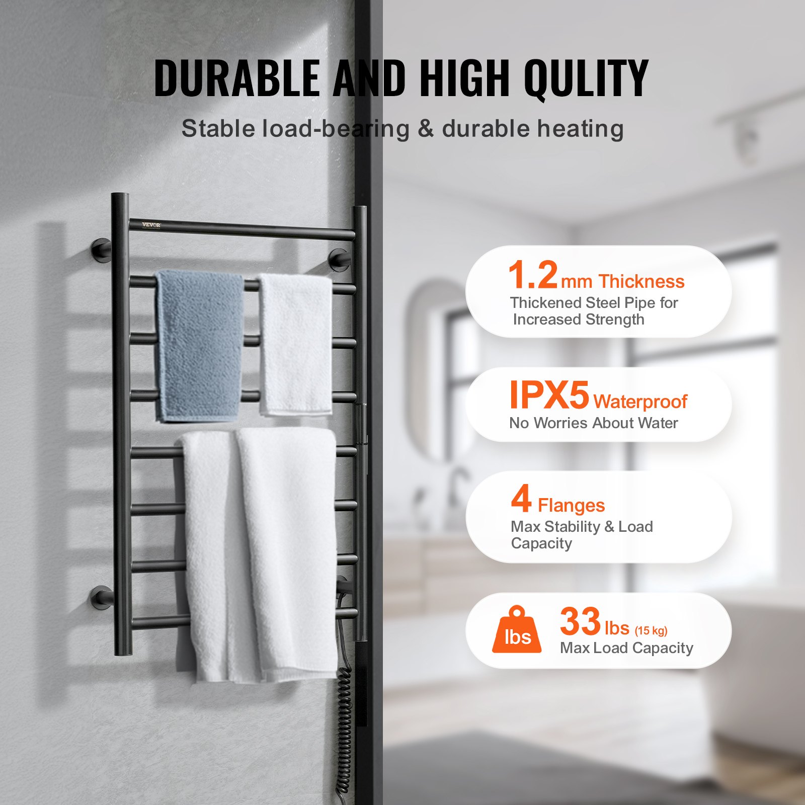 VEVOR 8 Bars Towel Warmer Rack, Wall Mounted Heated Towel Rack for Bathroom, IPX5 Waterpoof Towel Heater Rack with Timer & LED Display Screen, 5 Levels Adjustable Temperature Towel Heater, Black