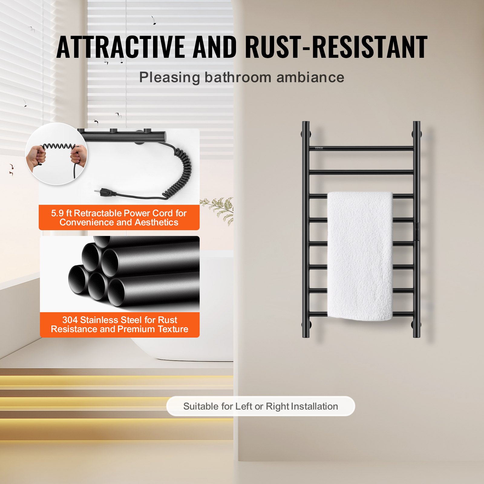 VEVOR 8 Bars Towel Warmer Rack, Wall Mounted Heated Towel Rack for Bathroom, IPX5 Waterpoof Towel Heater Rack with Timer & LED Display Screen, 5 Levels Adjustable Temperature Towel Heater, Black