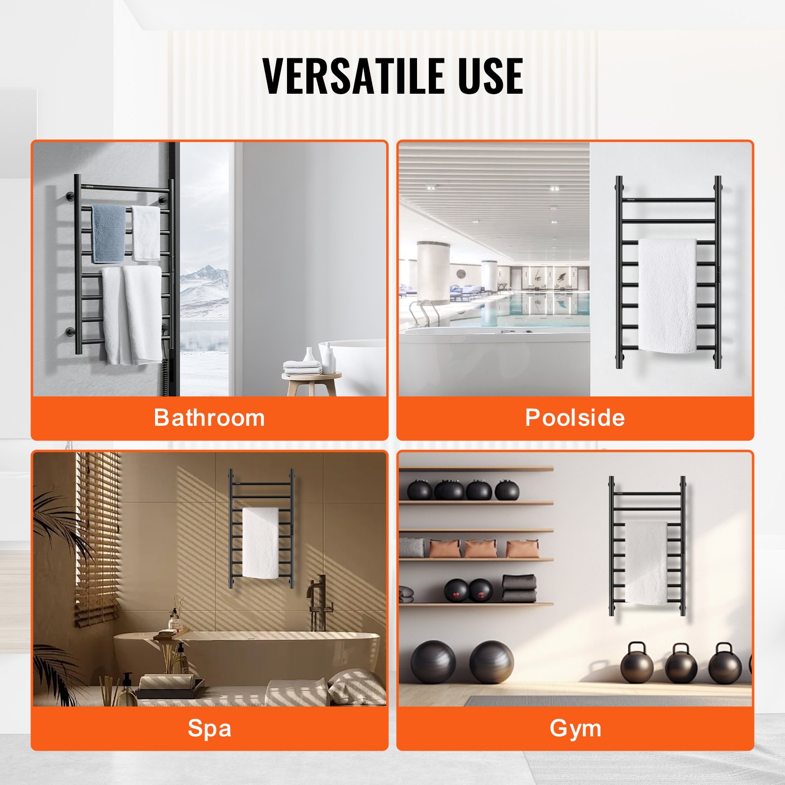 VEVOR 8 Bars Towel Warmer Rack, Wall Mounted Heated Towel Rack for Bathroom, IPX5 Waterpoof Towel Heater Rack with Timer & LED Display Screen, 5 Levels Adjustable Temperature Towel Heater, Black