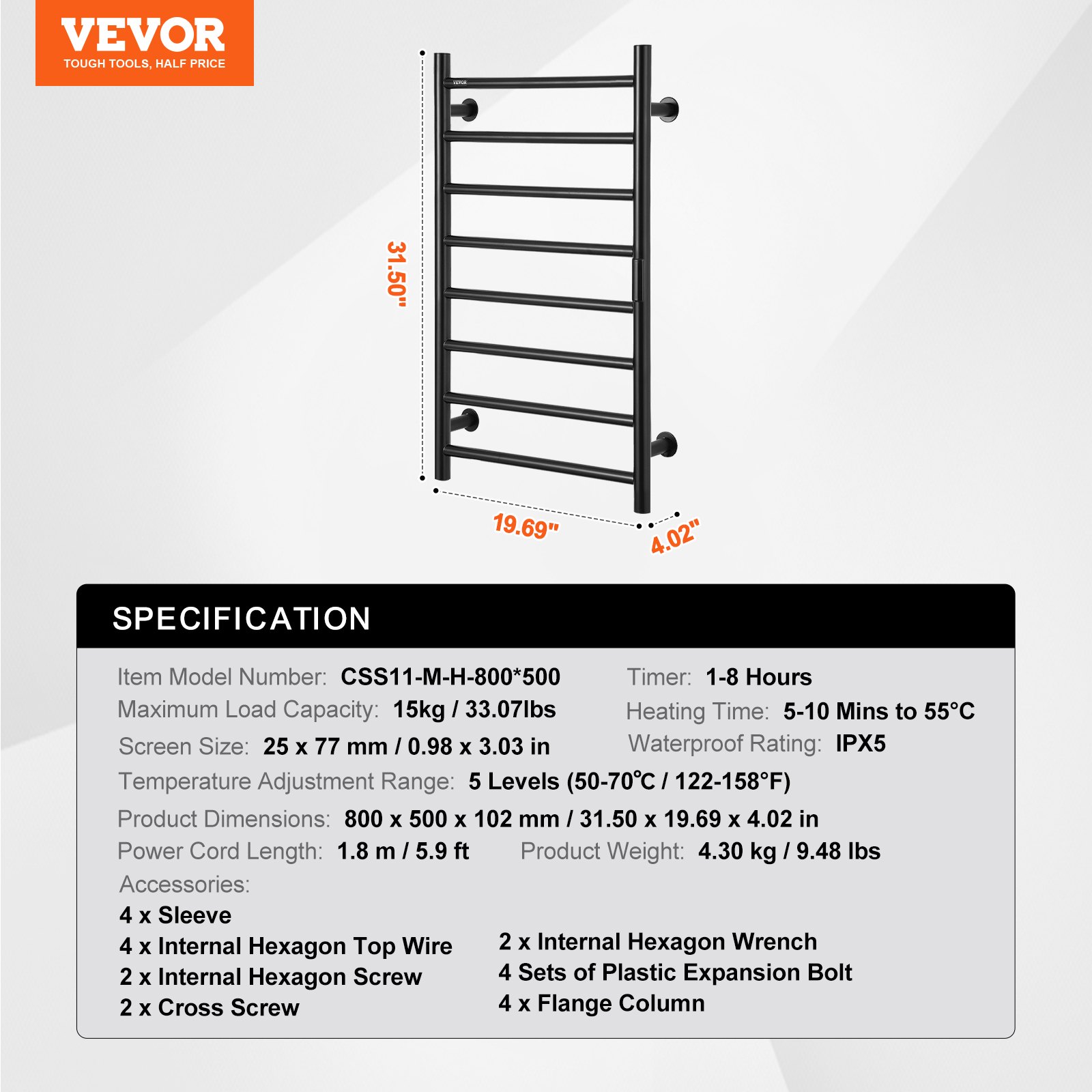 VEVOR 8 Bars Towel Warmer Rack, Wall Mounted Heated Towel Rack for Bathroom, IPX5 Waterpoof Towel Heater Rack with Timer & LED Display Screen, 5 Levels Adjustable Temperature Towel Heater, Black