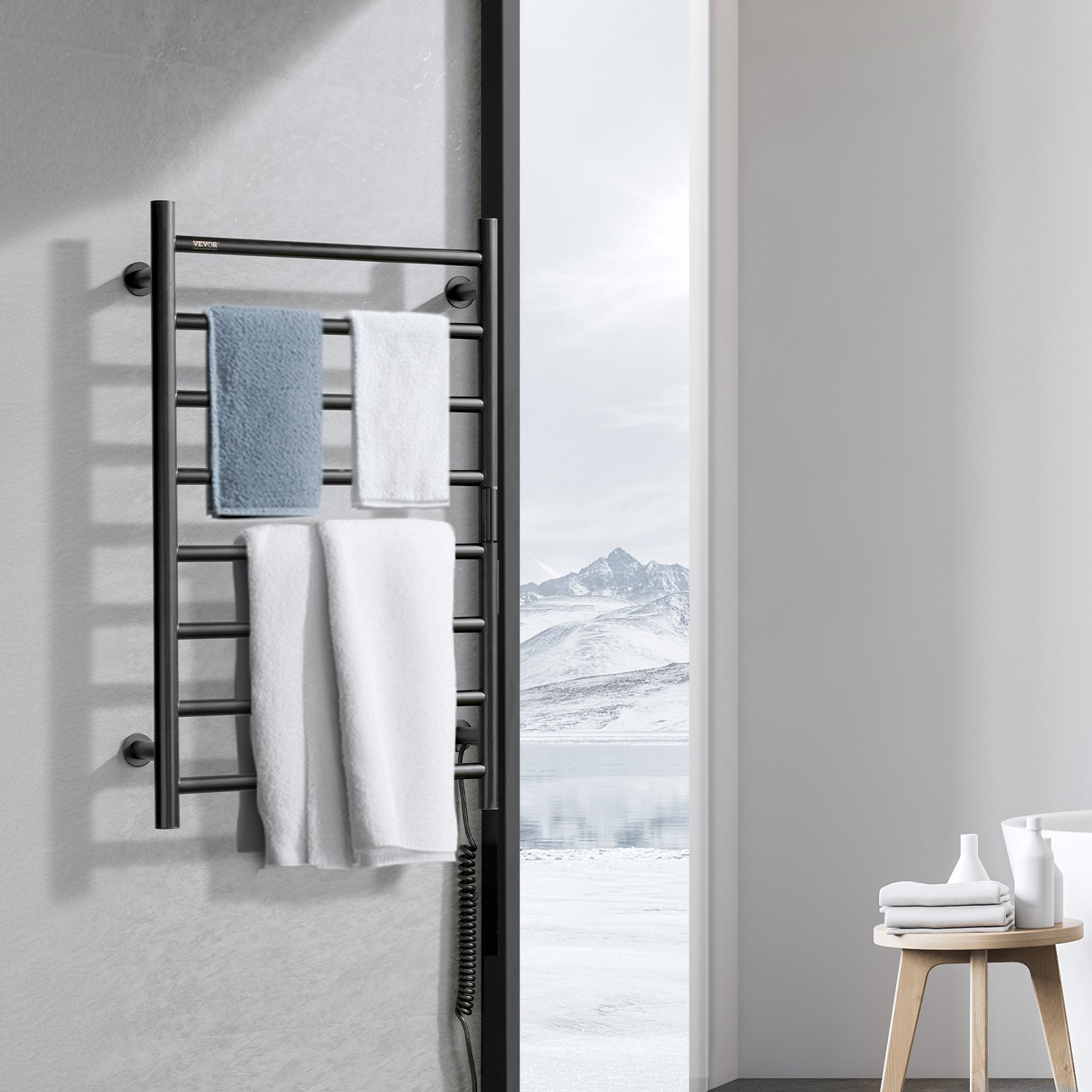 VEVOR 8 Bars Towel Warmer Rack, Wall Mounted Heated Towel Rack for Bathroom, IPX5 Waterpoof Towel Heater Rack with Timer & LED Display Screen, 5 Levels Adjustable Temperature Towel Heater, Black