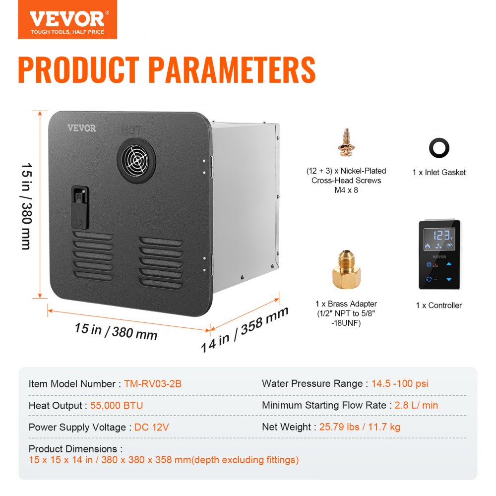 VEVOR RV Tankless Water Heater, Instant Shower with 15 x 15 inches Black Door and Remote Controller, 55000BTU Optimized Comfort Performance Hot Water, Ideal for RVers' Family Everyday Use