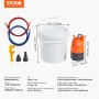 VEVOR tankless water heater flushing kit with hoses, water pump, and bucket, dimensions displayed.