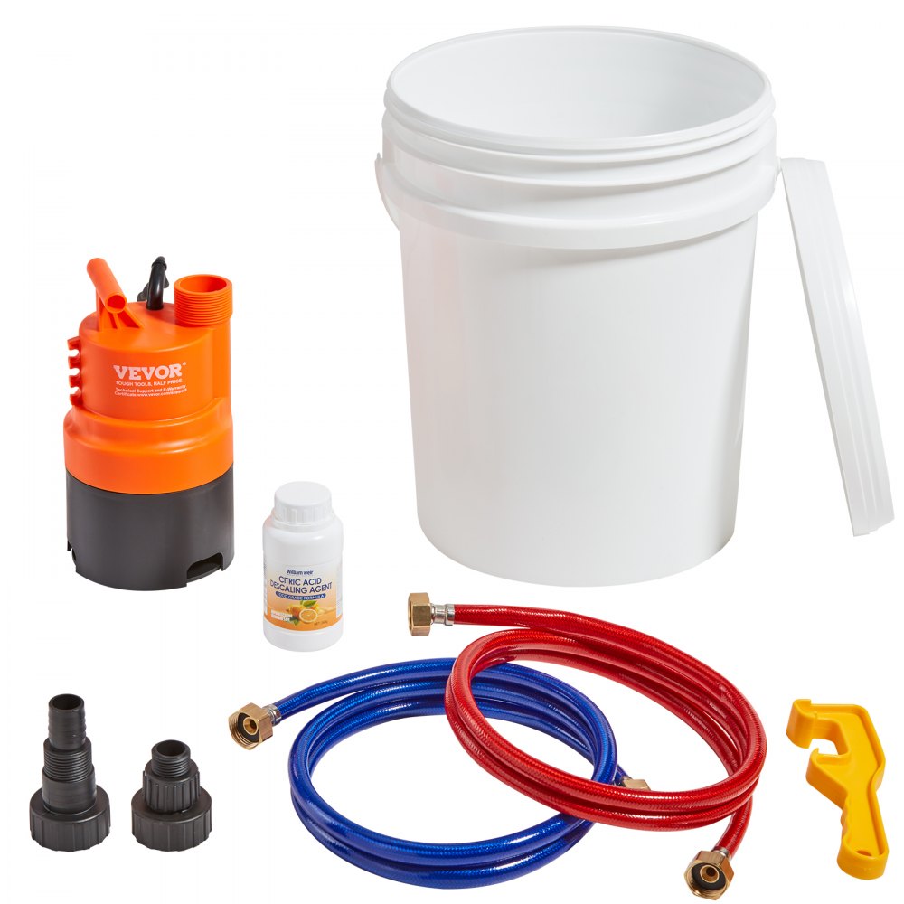 VEVOR tankless water heater flush kit with pump, bucket, hoses, descaling agent, and fittings.