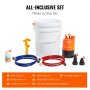 VEVOR tankless water heater flush kit with pump, hoses, bucket, plastic wrench, and citric acid powder.