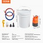 VEVOR tankless water heater flush kit with pump, hoses, chemicals, adapters, bucket, and dimensions.