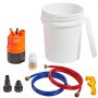 VEVOR tankless water heater flush kit with pump, bucket, hoses, descaling agent, and fittings.