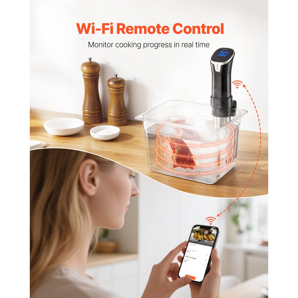 VEVOR Sous Vide Precision Cooker, 1100W Sous-Vide Cooking Machine, WIFI Immersion Circulator with LED Digital Display, Fast-Heating, Accurate Temperature & Timer Control, SUS304 Stainless Steel