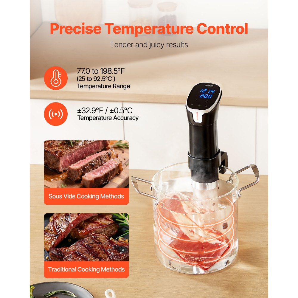 VEVOR Sous Vide Precision Cooker, 1100W Sous-Vide Cooking Machine, WIFI Immersion Circulator with LED Digital Display, Fast-Heating, Accurate Temperature & Timer Control, SUS304 Stainless Steel