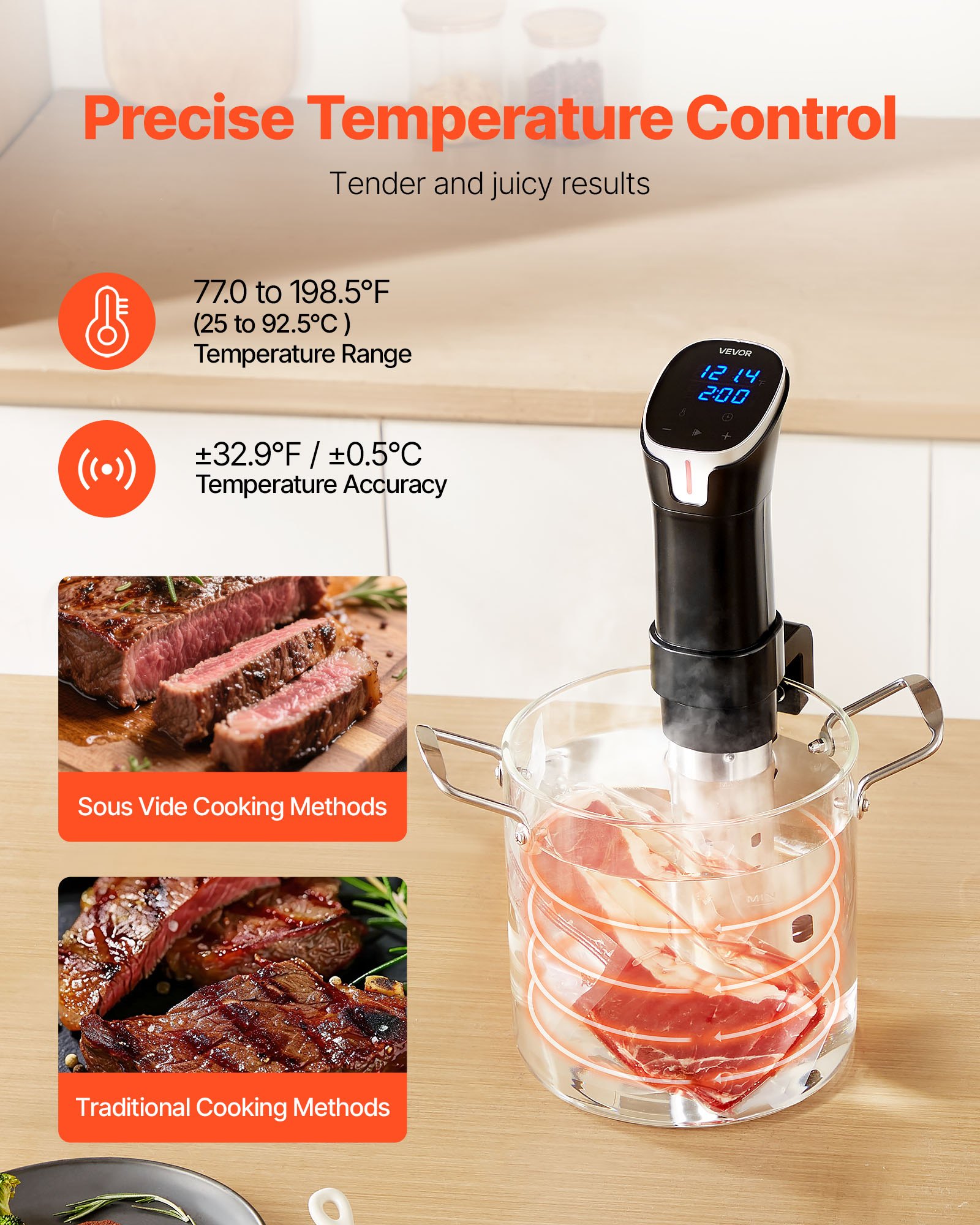 VEVOR Sous Vide Precision Cooker, 1100W Sous-Vide Cooking Machine, WIFI Immersion Circulator with LED Digital Display, Fast-Heating, Accurate Temperature & Timer Control, SUS304 Stainless Steel
