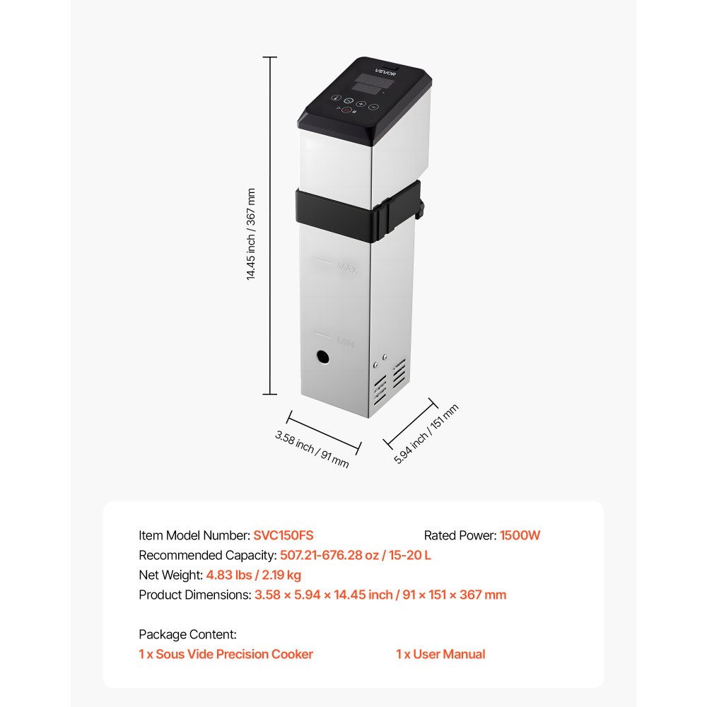 Cocedor de precisión VEVOR Sous Vide, máquina de cocción Sous-Vide de 1500 W, circulador de inmersión con pantalla digital LED, abrazadera de tornillo ajustable, calentamiento rápido, control preciso de temperatura y temporizador, Sous-Vide