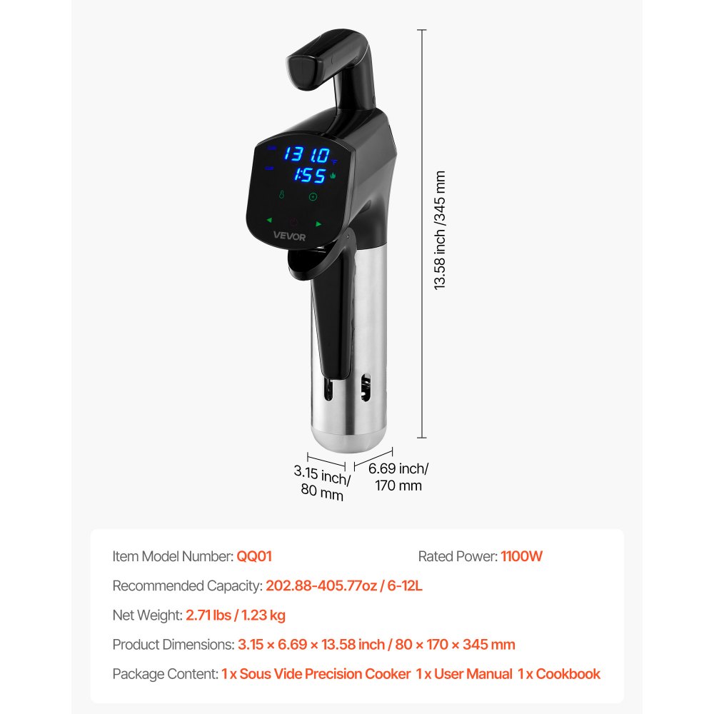 VEVOR Sous Vide Precision Cooker, 1100W Sous-Vide Cooking Machine, Immersion Circulator with LED Digital Display, Secure Clamp Design, Temperature & Timer Control, Professional Sous Vide Cooker