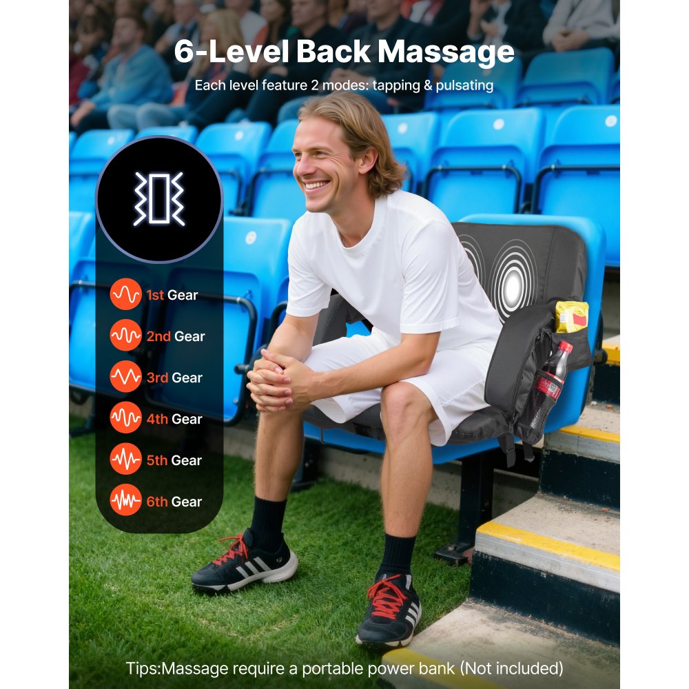 VEVOR Stadium Seat, 635mm Heated Stadium Chair, Bleacher Seat Heated with 4 Pockets for Bleachers, 3 Level Heating & 6 Modes Vibration Portable Heating Stadiums Chair for Camping, Sports Events