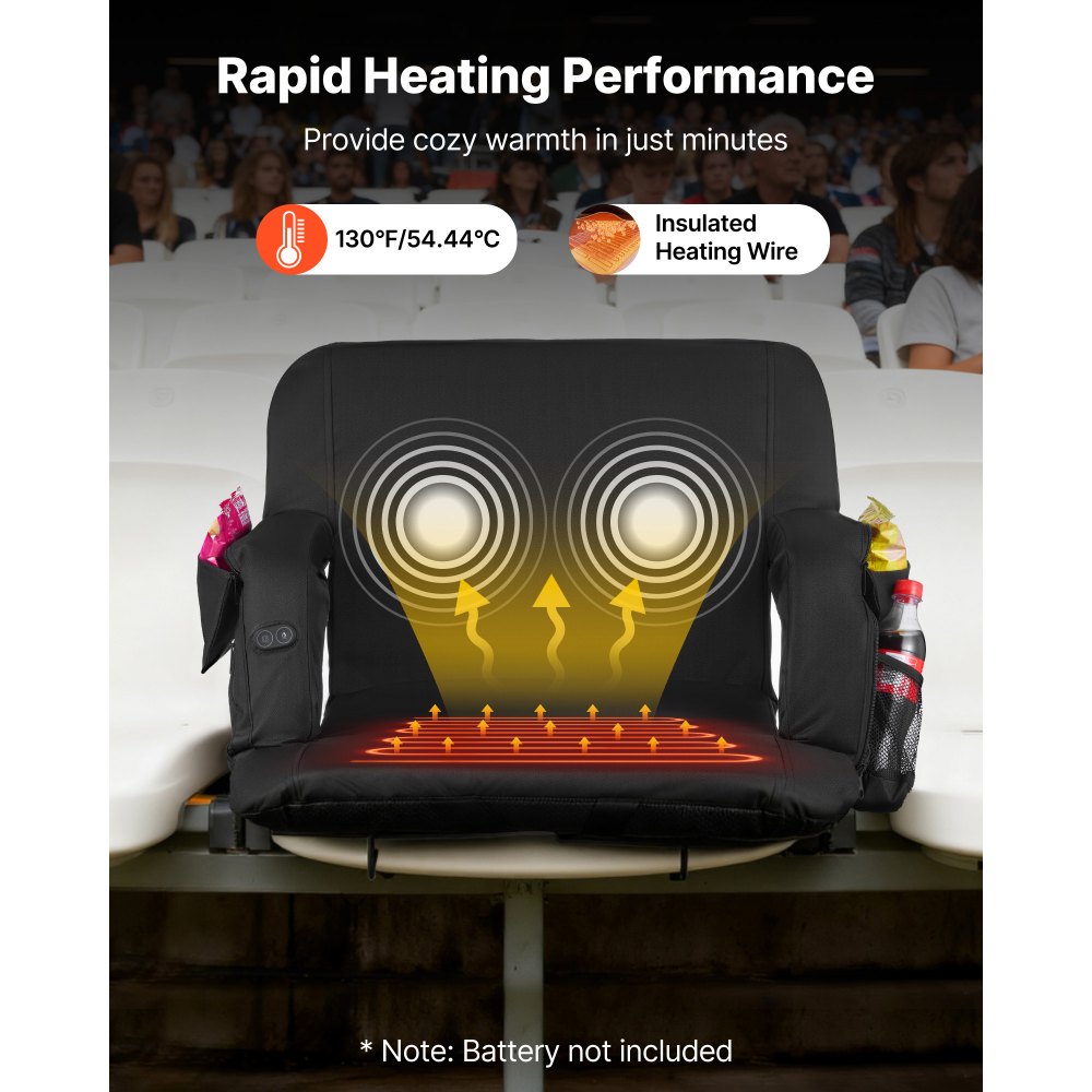 VEVOR Stadium Seat, 635mm Heated Stadium Chair, Bleacher Seat Heated with 4 Pockets for Bleachers, 3 Level Heating & 6 Modes Vibration Portable Heating Stadiums Chair for Camping, Sports Events