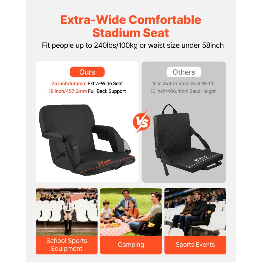 VEVOR Stadium Seat, 25 inch Heated Stadium Chair, Bleacher Seat Heated with 4 Pockets for Bleachers, 3 Level Heating & 6 Modes Vibration Portable Heating Stadiums Chair for Camping, Sports Events