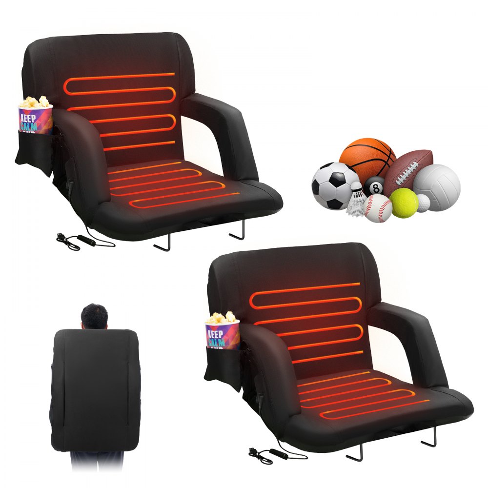 VEVOR heated stadium seat with cup holder, glowing heating elements, and foldable design, multiple sports balls.