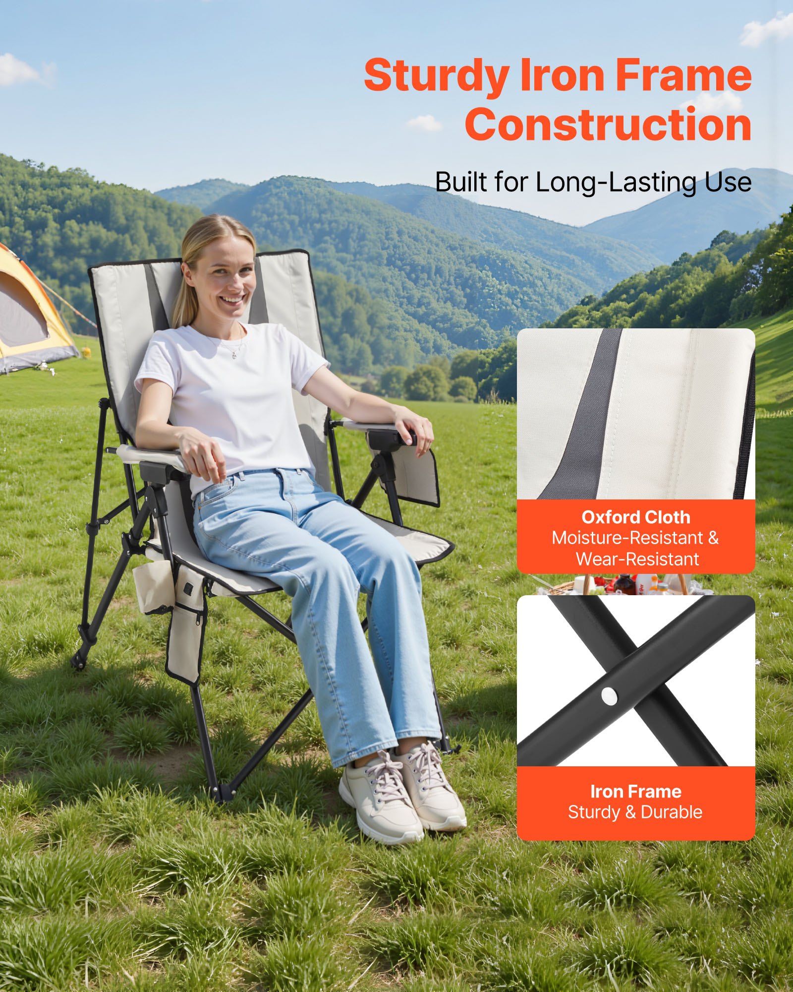 VEVOR Heated Camping Chair, 3 Heat Settings, High Back Folding Camping Chair, Supports 260lbs, Full Padded Beach Chairs with Armrest & Cupholder, Portable Lawn Chairs for Outdoor Sports Travel