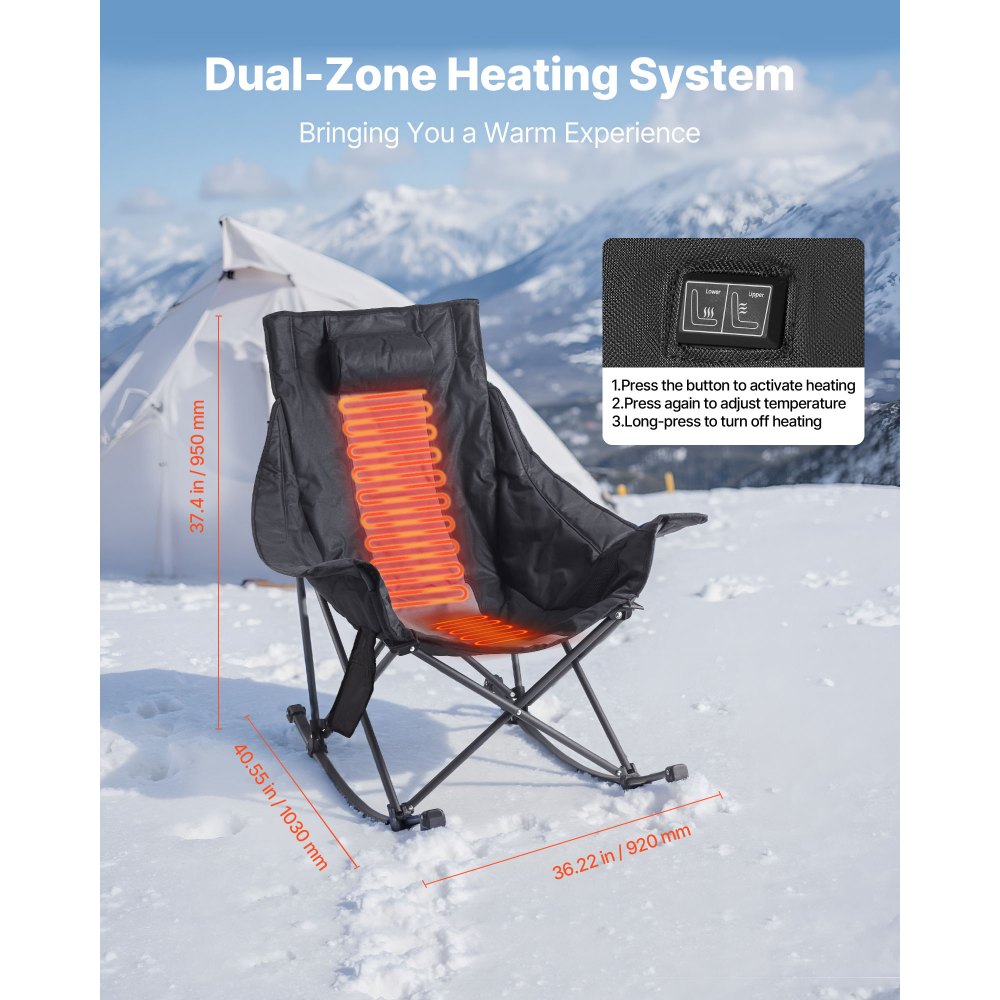 VEVOR Heated Camping Chair, 3 Heating Settings, Large-Sized Padded Folding Rocker, Heavy Duty Outdoor Lawn Chairs with Pocket & Cupholder, Support 225lbs, Portable Heated Chair for Sports Winter Use