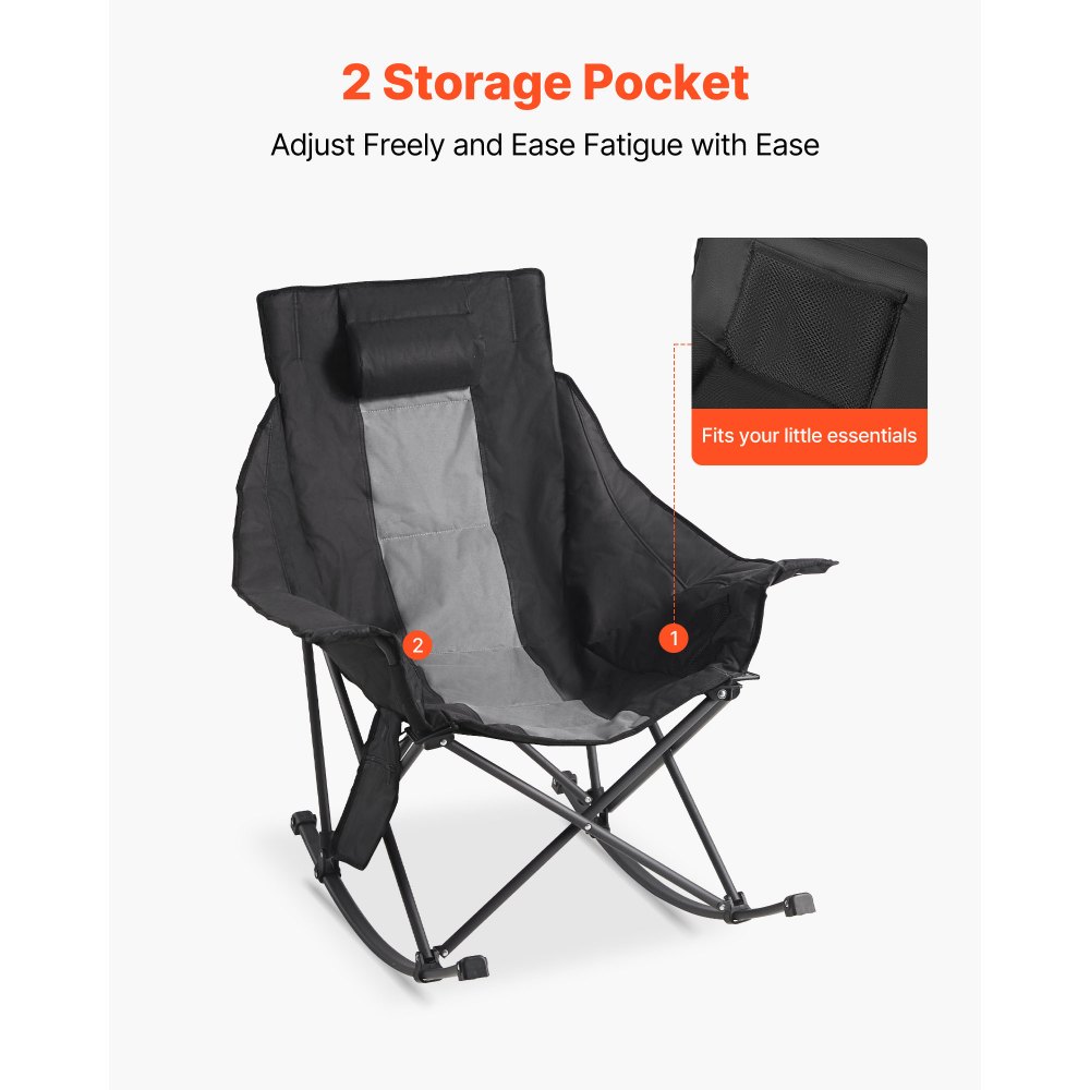 VEVOR Heated Camping Chair, 3 Heating Settings, Large-Sized Padded Folding Rocker, Heavy Duty Outdoor Lawn Chairs with Pocket & Cupholder, Support 225lbs, Portable Heated Chair for Sports Winter Use