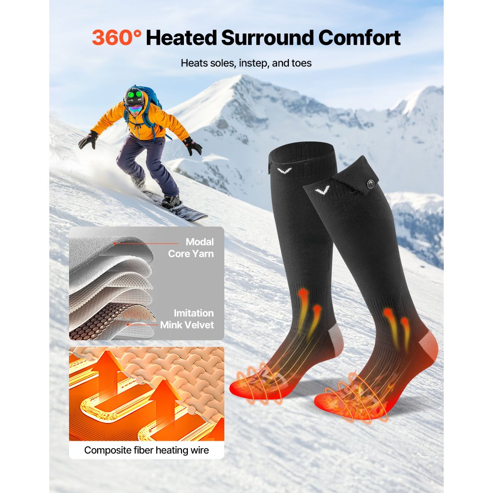 VEVOR Heated Socks, 5000mAh Battery Powered, Rechargeable Heating Socks with 4 Heating Levels, Electric Heated Sock for Men Women, Foot Warmer for Hunting Riding Camping Hiking Skiing, Outdoor Work