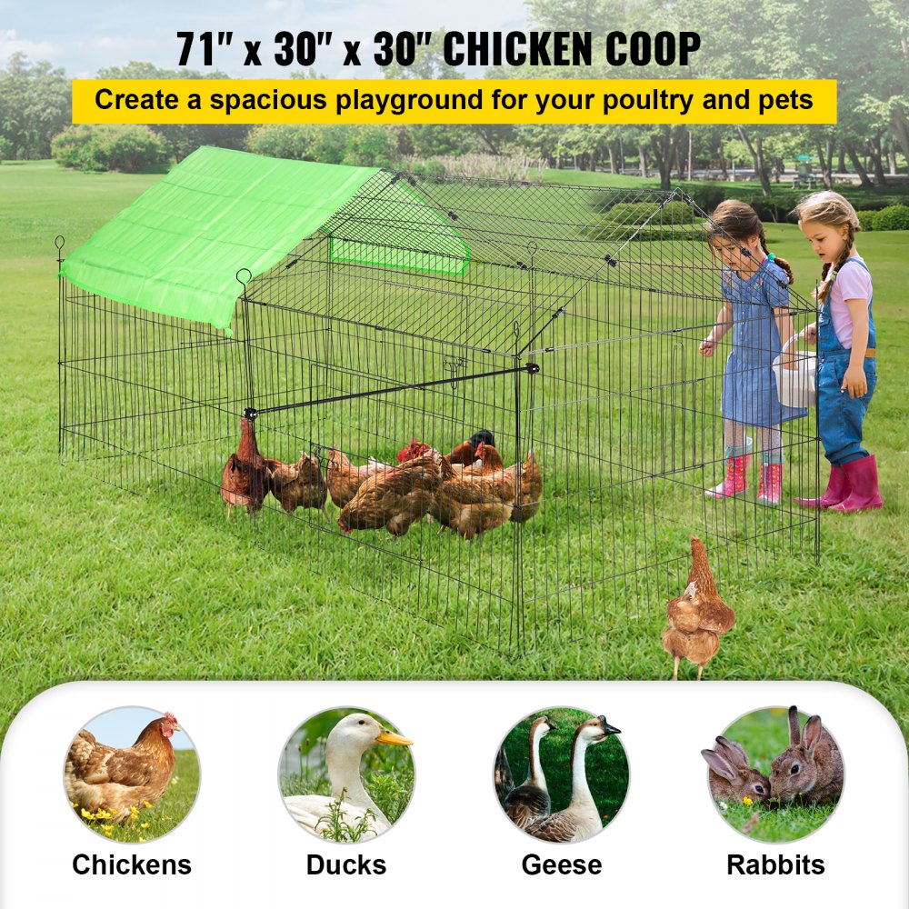 VEVOR Chicken Coop, 71" x 30" x 30", Rabbit Run Enclosure with Waterproof and Sun-proof Cover for Outdoor, Indoor, Backyard, and Farm, Metal Pet Playpen Cage for Small Animals, Duck,