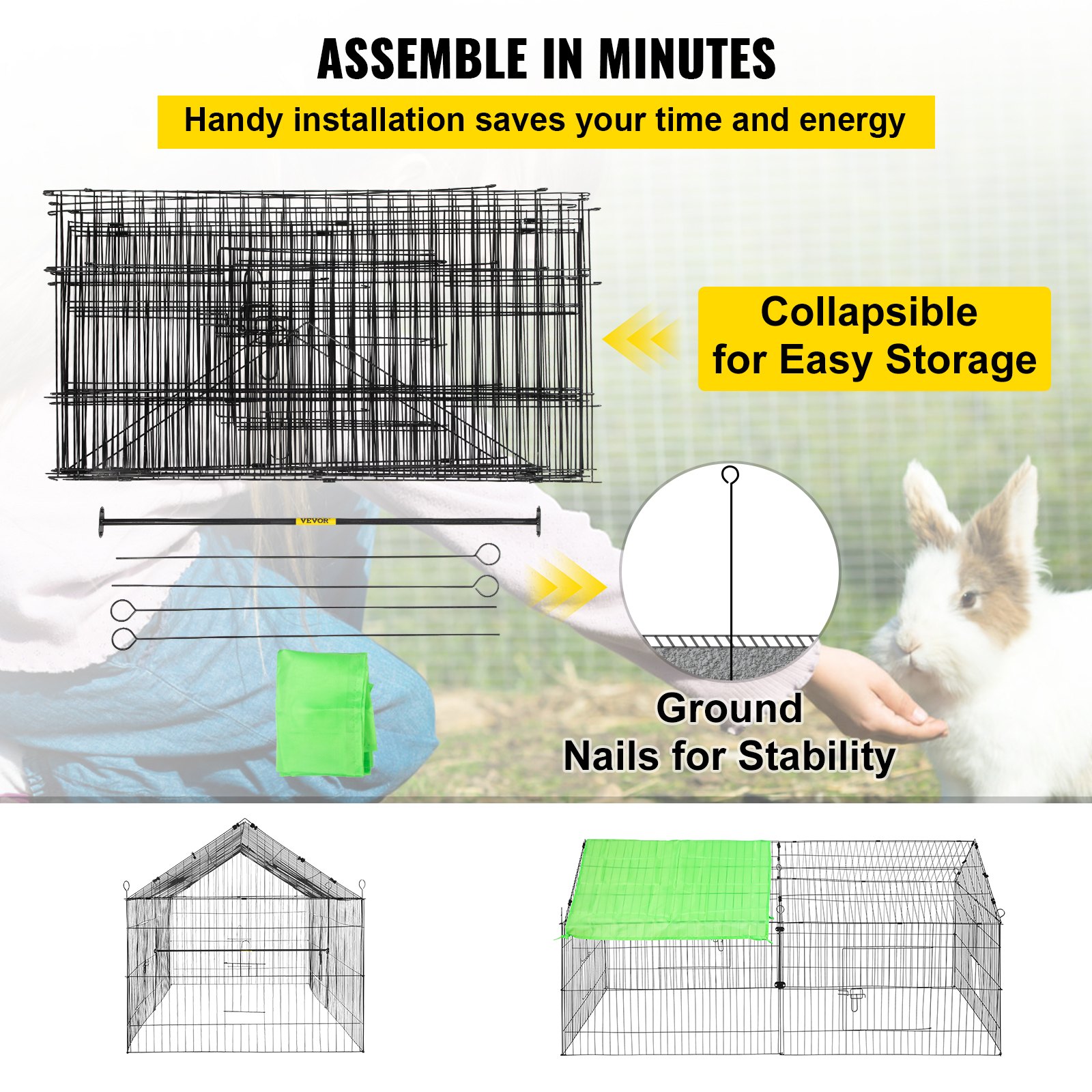 VEVOR Chicken Coop, 71" x 30" x 30", Rabbit Run Enclosure Pen with Waterproof and Sun-proof Cover for Outdoor, Indoor, Backyard, and Farm, Metal Pet Playpen Cage for Small Animals, Duck, Hen