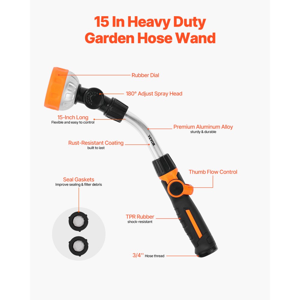 VEVOR Watering Wand, 15-Inch Heavy Duty Garden Hose Wand with 8 Spray Patterns & 180° Swivel Head, Long Hose Nozzle Sprayer with on/off Thumb Control, Ideal for Hanging Baskets, Shrubs, Garden, Lawn